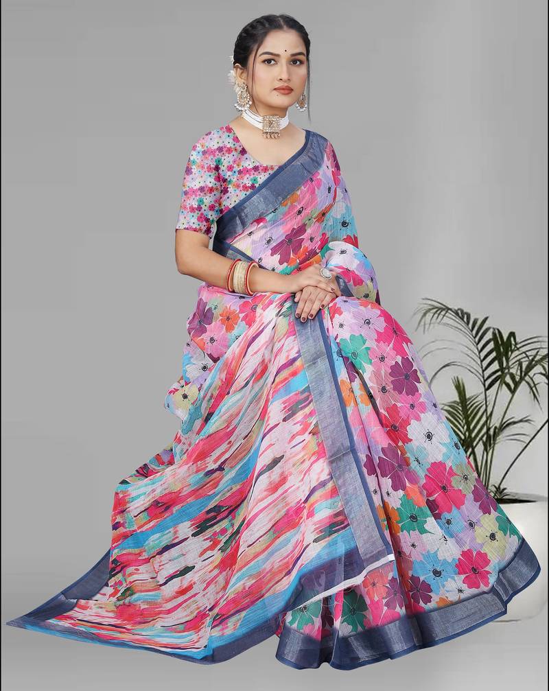 multicolour  linen floral digital print saree (multi)
