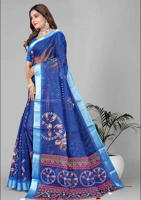 blue  linen cotton digital print saree (blue) 4