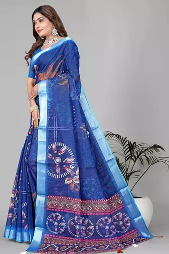 blue  linen cotton digital print saree (blue)