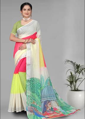 multicolour  linen  digital print saree 3