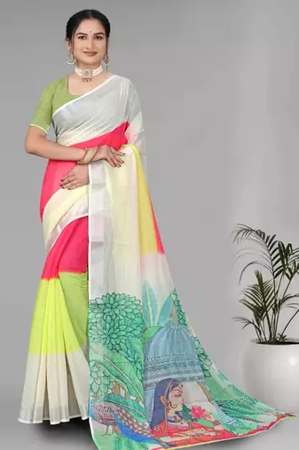 multicolour  linen  digital print saree