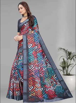 multicolour  linen digital print saree (multi) 4
