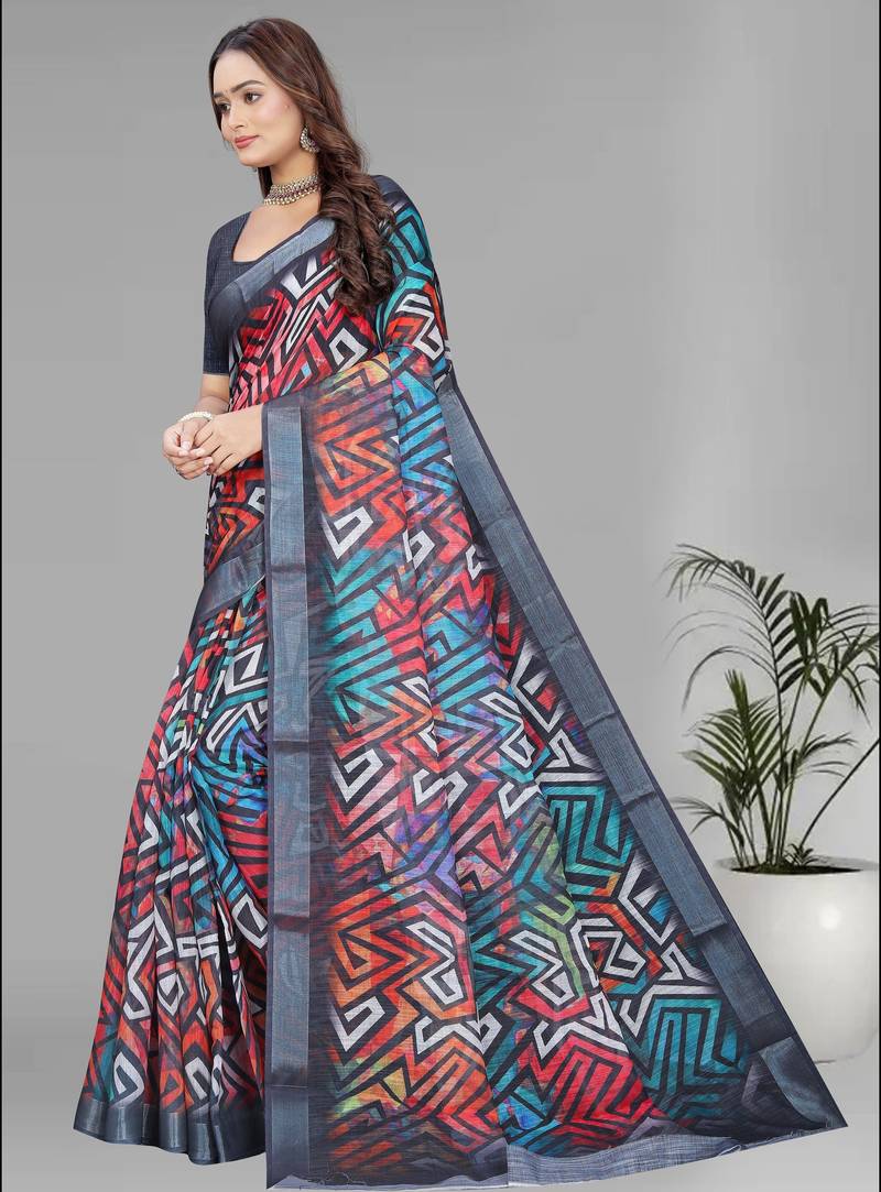multicolour  linen digital print saree (multi)