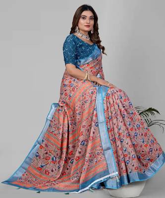 multicolour  linen cotton digital print saree 1