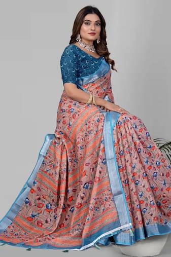 multicolour  linen cotton digital print saree