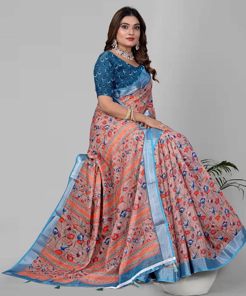 multicolour  linen cotton digital print saree