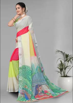multicolour  linen  digital print saree 4