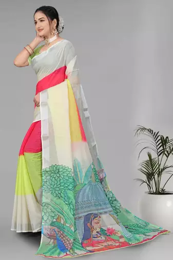 multicolour  linen  digital print saree