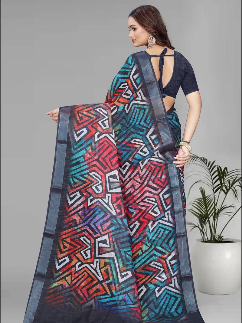 multicolour  linen digital print saree (multi)