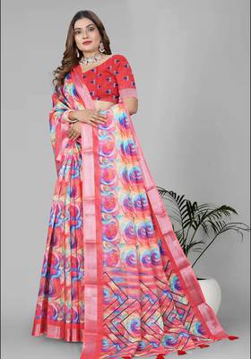 multicolour  linen cotton digital print saree (pink) 1