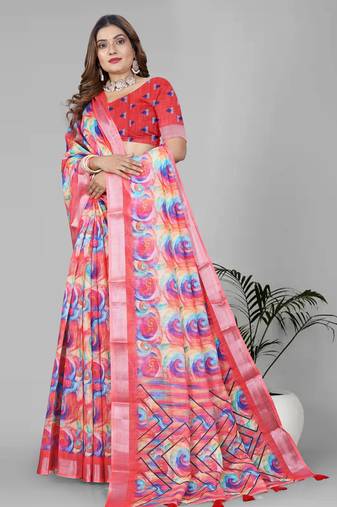 multicolour  linen cotton digital print saree (pink)