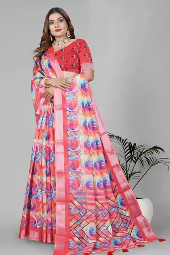 multicolour  linen cotton digital print saree (pink)