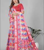 multicolour  linen cotton digital print saree (pink)