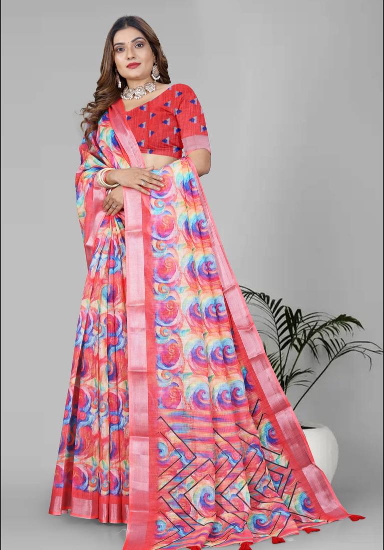multicolour  linen cotton digital print saree (pink)