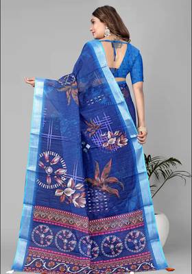 blue  linen cotton digital print saree (blue) 5