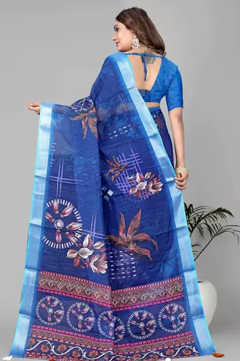 blue  linen cotton digital print saree (blue)