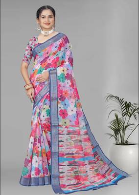 multicolour  linen floral digital print saree (multi) 3