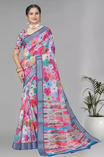 multicolour  linen floral digital print saree (multi)