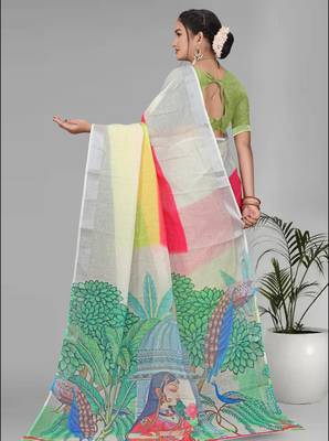 multicolour  linen  digital print saree 5