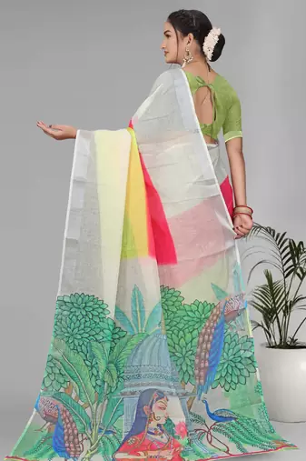 multicolour  linen  digital print saree