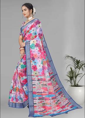 multicolour  linen floral digital print saree (multi) 4
