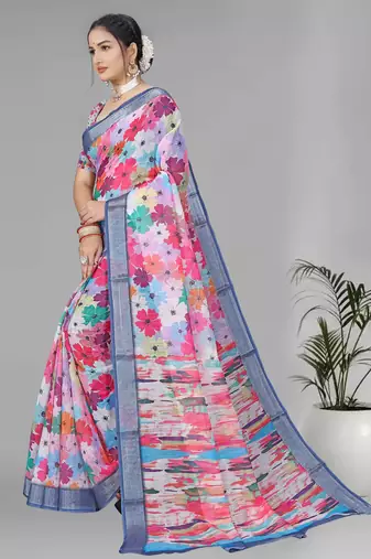 multicolour  linen floral digital print saree (multi)