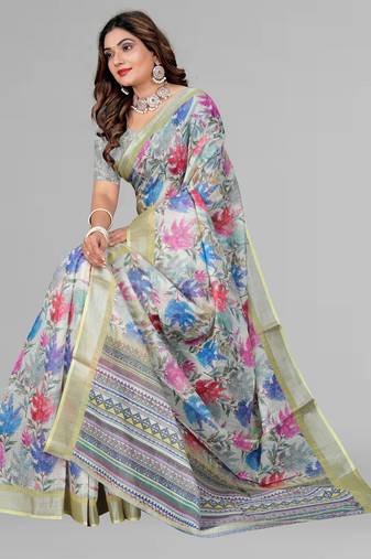 perrot green floral linen cotton digital print saree (green)