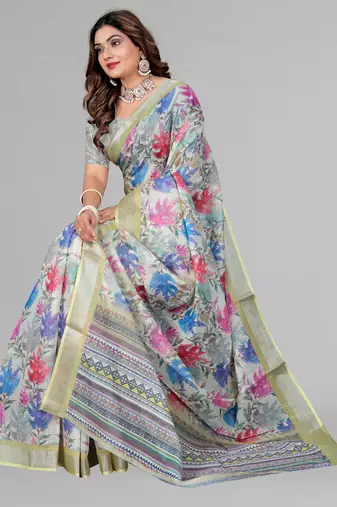 perrot green floral linen cotton digital print saree (green)