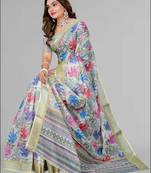 perrot green floral linen cotton digital print saree (green)