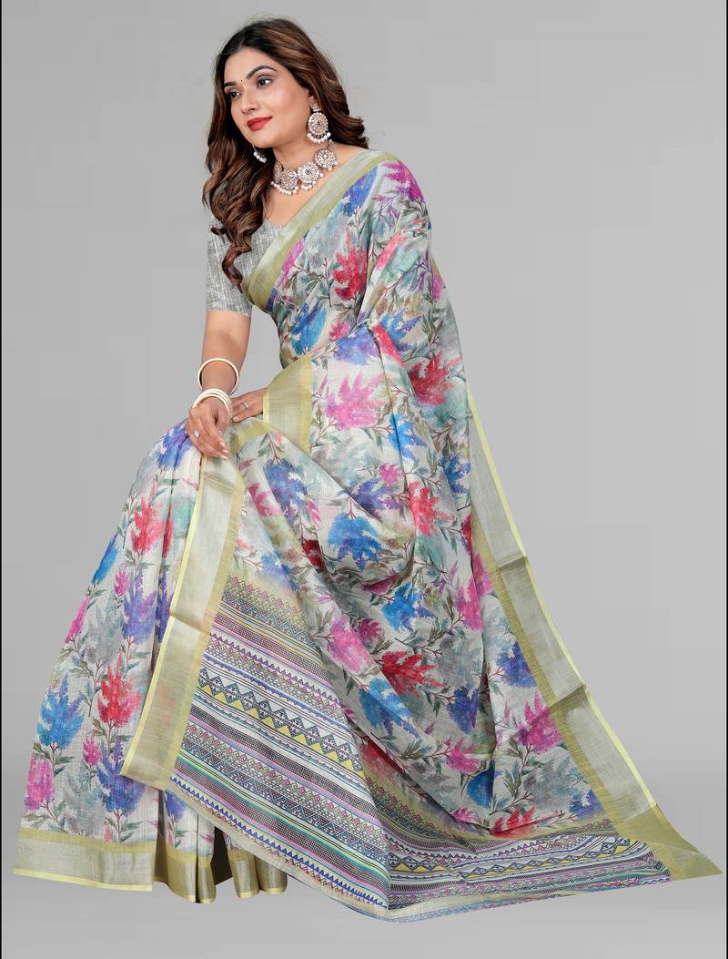 perrot green floral linen cotton digital print saree (green)