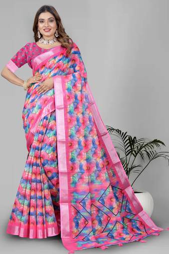 pink  linen cotton digital print saree (multicolour)