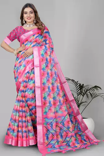 pink  linen cotton digital print saree (multicolour)