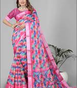 pink  linen cotton digital print saree (multicolour)