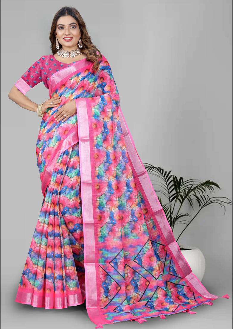 pink  linen cotton digital print saree (multicolour)