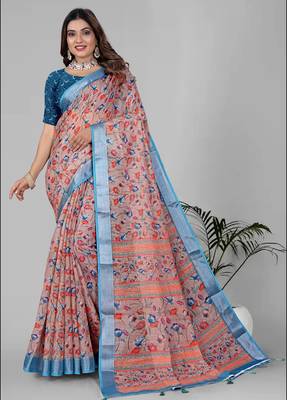 multicolour  linen cotton digital print saree 3
