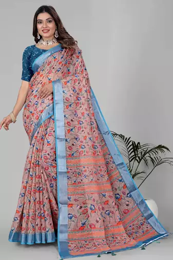 multicolour  linen cotton digital print saree