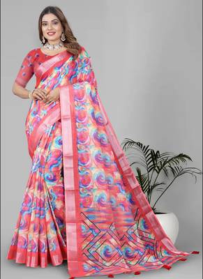 multicolour  linen cotton digital print saree (pink) 3