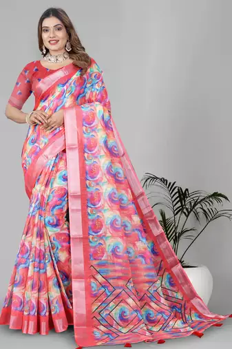 multicolour  linen cotton digital print saree (pink)