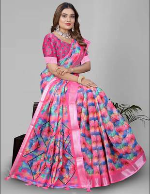 pink  linen cotton digital print saree (multicolour) 3