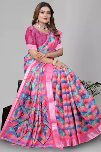 pink  linen cotton digital print saree (multicolour)