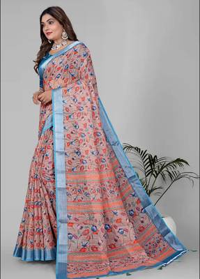 multicolour  linen cotton digital print saree 4