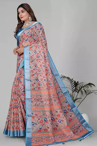 multicolour  linen cotton digital print saree