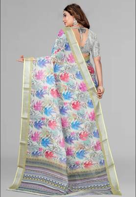 perrot green floral linen cotton digital print saree (green) 3