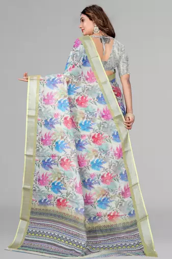 perrot green floral linen cotton digital print saree (green)
