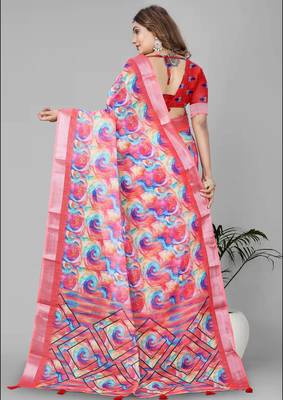 multicolour  linen cotton digital print saree (pink) 4