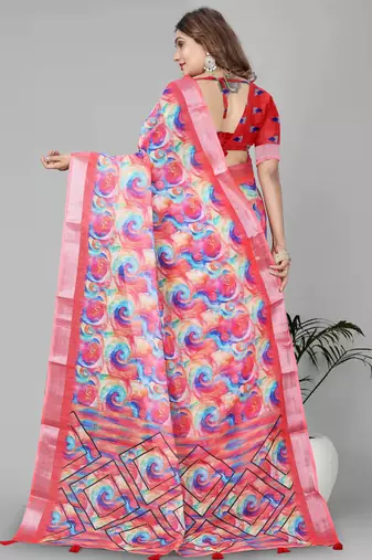 multicolour  linen cotton digital print saree (pink)