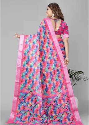 pink  linen cotton digital print saree (multicolour) 4