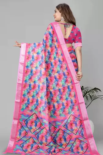 pink  linen cotton digital print saree (multicolour)