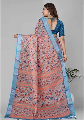 multicolour  linen cotton digital print saree 5
