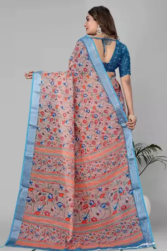 multicolour  linen cotton digital print saree